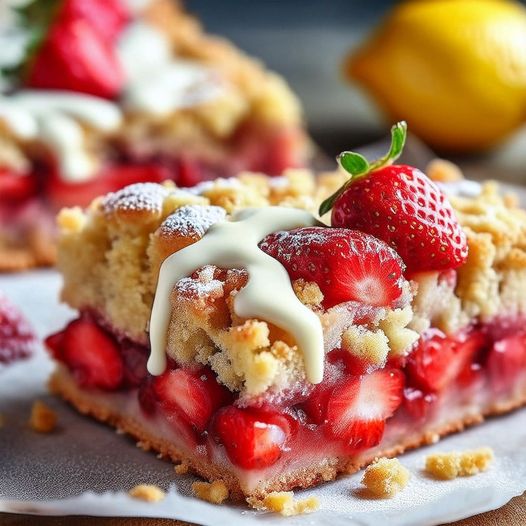 Strawberry Crumble Bars with Lemon Icing